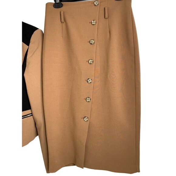 Womens Skirt Suit WHBM Color Block Asym Zip Detail Midi Length Tan Sz 4 7047 - Picture 3 of 11